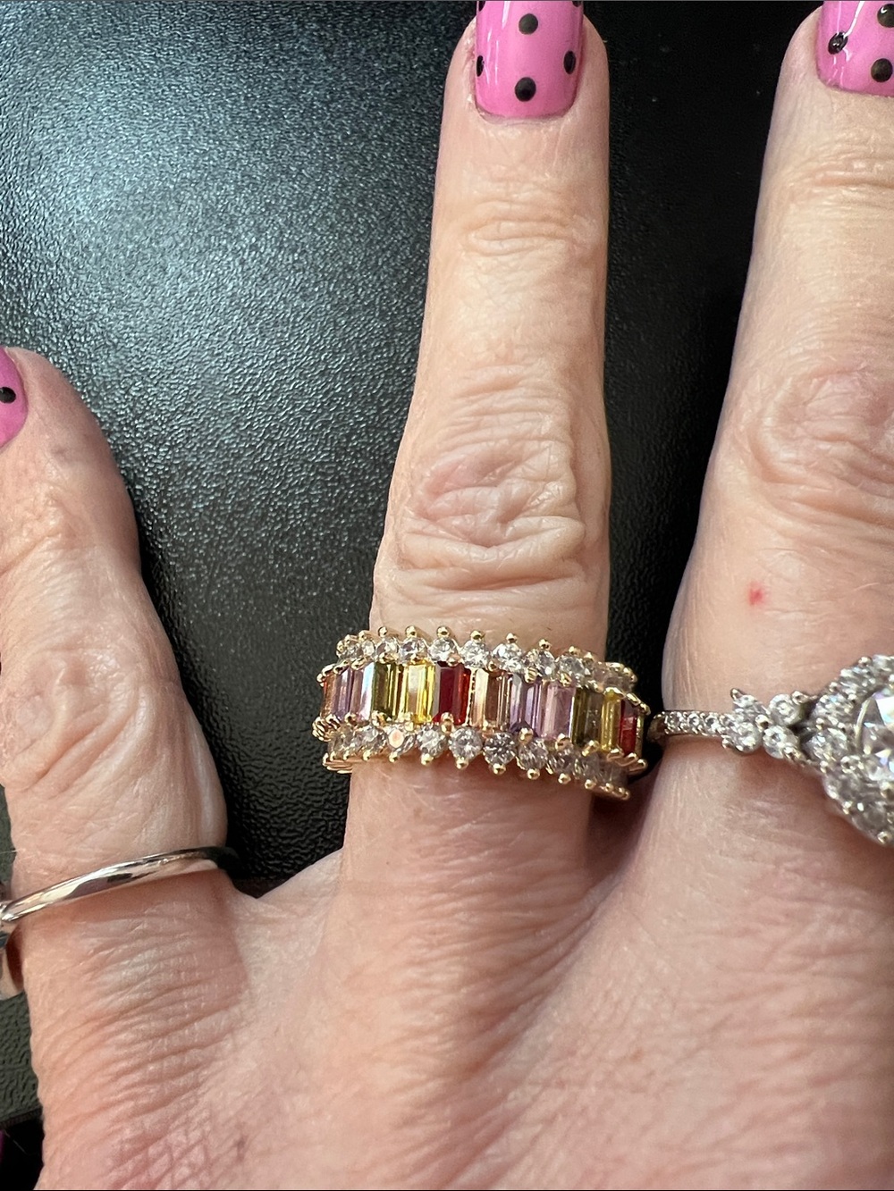 Gold Multicolor Baguette Ring with Clear Accent Stones